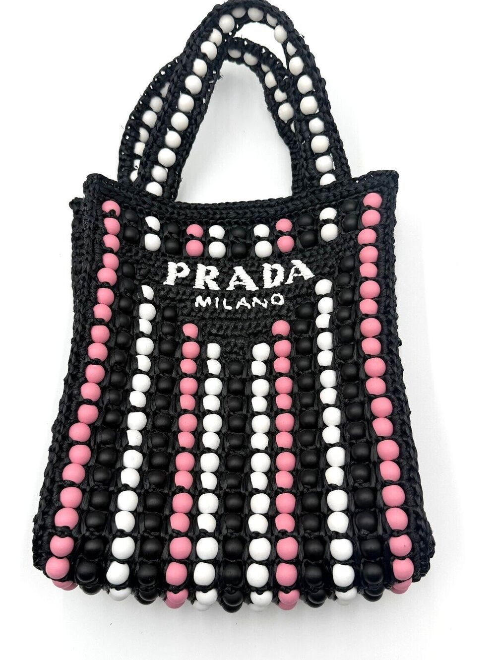 Prada Raffia Wood‎ Bead Crochet Mini Logo Tote Bag Black Pink White